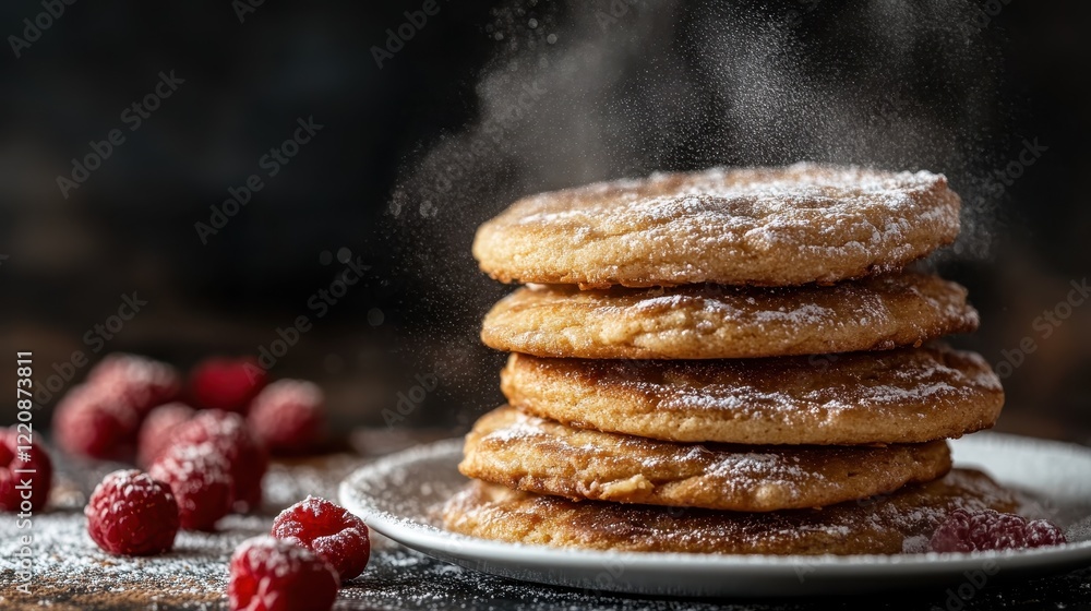 Poster an inviting display of stacked cookies with fresh raspberries and a light sprinkle of powdered sugar