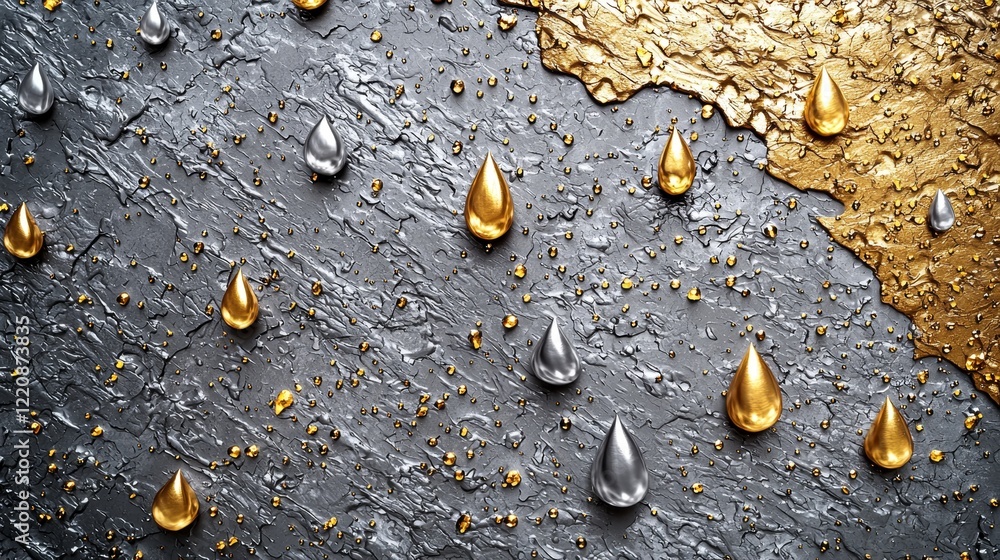 Poster artistic drop patterns on textured metallic surface abstract background close-up creative design mod
