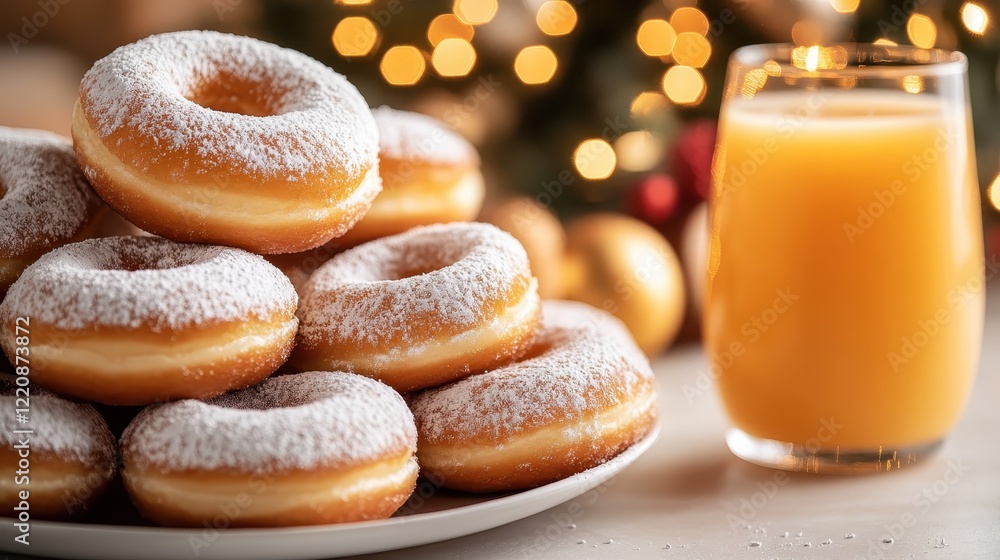 Poster this image features a tempting stack of freshly made donuts, dusted with powdered sugar, paired with