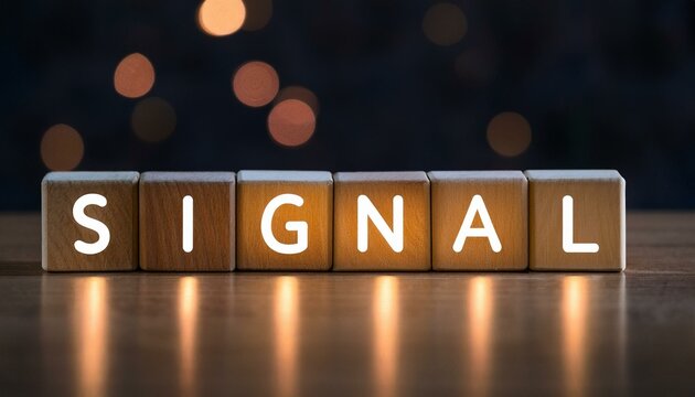 シグナル合図や信号を意味する英単語のSIGNALの文字が書かれた木製のキューブブロックが横に並んでいる。aiで生成	