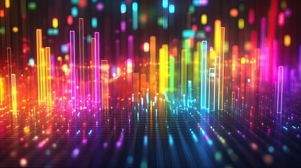 Fototapeta premium Abstract digital visualization of layered, colorful waveforms representing data trends.