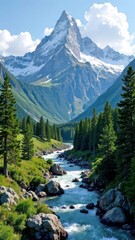 summer landscape mountain range with glacier the river is flowing, clear blue sky, panoramic view, outdoor recreation, travel, tourism, silhouettes and peaks, screensaver, poster, postcard	