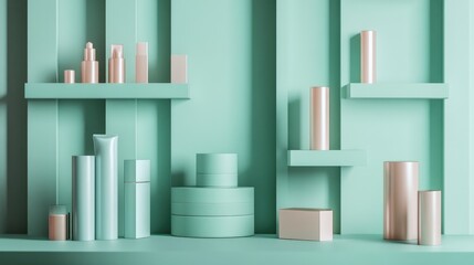 A refreshing blend of seafoam green and blush pink, perfect for a modern cosmetics display.