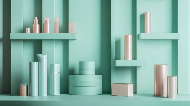 A refreshing blend of seafoam green and blush pink, perfect for a modern cosmetics display.