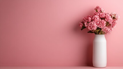 Naklejka premium This image highlights a sleek white vase beautifully adorned with vibrant pink blossoms, making it a perfect addition to any modern interior design.