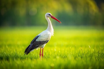 Fototapeta premium Minimalist Stork on Lush Green Grass - Peaceful Nature Scene