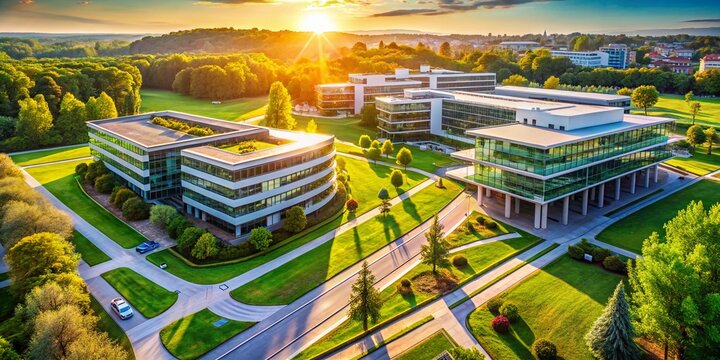 Aerial View of Modern Office Building Complex with Green Spaces - Project Proposal Magazine Cover
