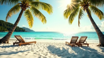 Obraz premium Paradise Summer vacation beach with white sand near the sea or ocean, palm trees in the background, sun shining, a tropical, travel, tourism