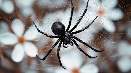 Black Spider on a Delicate Web Among White Flowers: A Stunning Macro Shot of Nature's Beauty