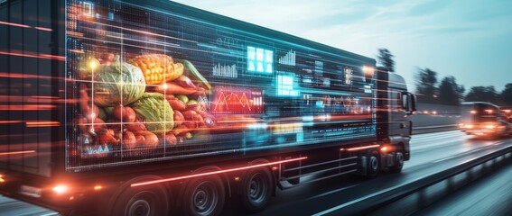 Futuristic blue truck with glowing interface and holographic cargo in industrial setting under soft lighting