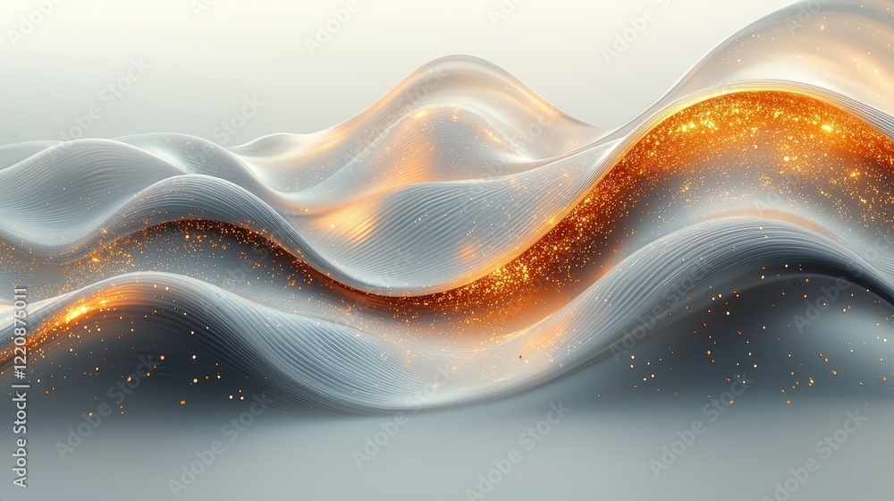 Poster dynamic flowing waves of light and sparkles abstract art digital composition serene environment top-