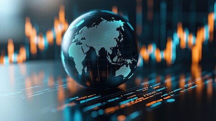 Global macro stock market. Reflective globe on a digital backdrop with rising graphs and data visualization elements.