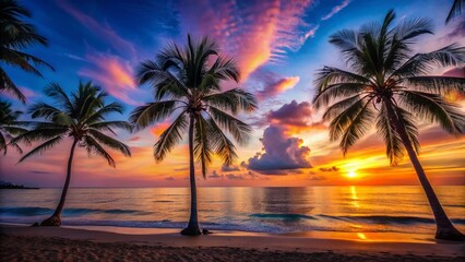 Obraz premium Minimalist Tropical Sunset: Silhouetted Palm Trees on Vibrant Ocean Beach