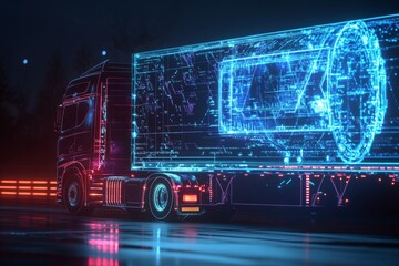 Futuristic blue truck with glowing interface and holographic cargo in industrial setting under soft lighting