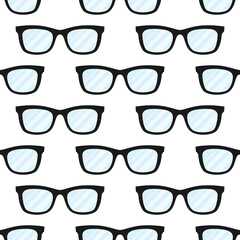 Glasses vector seamless pattern. Black frames with blue lenses on white background.