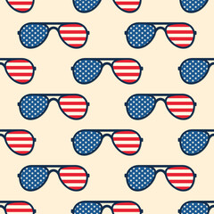 Aviators sunglasses with American flag on lenses. Vector seamless pattern on beige background.
