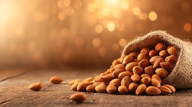 Beautiful Close-Up of Almonds Spilled from a Jute Bag on a Rustic Wooden Surface with a Soft, Warm Bokeh Background, Perfect for Food and Health Related Visuals