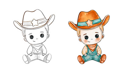 Cute Cowboy Baby Illustration in Color and Black-and-White
