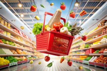 Aerial View: Products Dropping into Shopping Basket - Supermarket Shopping Illustration