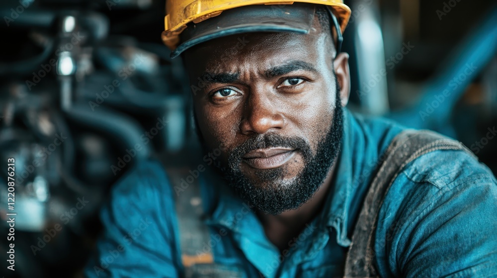 Poster this image captures a focused worker in a workshop, showcasing his determination and skill as he eng