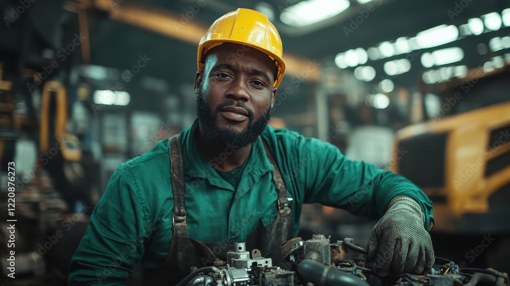 Poster a motivated worker engages with an engine in a workshop, illustrating the connection between human s