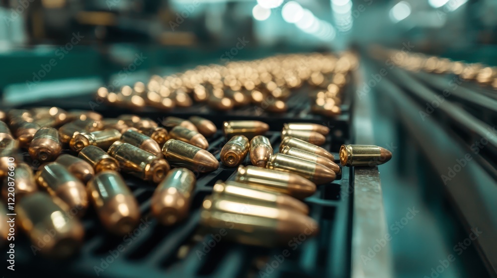 Poster an array of shiny bullets lined up in a production facility, capturing the intricate details of manu