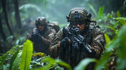 U.S. Army soldiers navigating through dense jungle terrain during a training exercise.