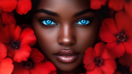 A close-up photograph of a young black woman with blue eyes and dark skin, surrounded by red flowers.