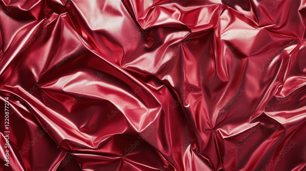 Poster a visually captivating abstract close-up of red foil showing various crumpled folds and shiny surfac