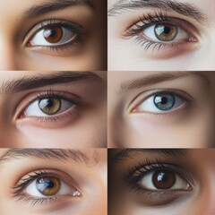 Fototapeta premium Close-up views of diverse human eyes showcasing unique colors and textures in natural light settings