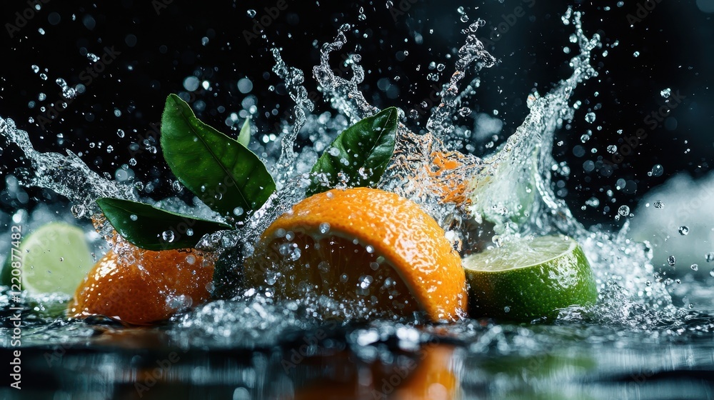 Poster citrus fruits including oranges and limes splash into clear water, creating dynamic movement with le