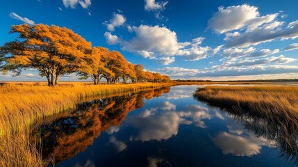 Obraz premium Serene Autumn Landscape with Vibrant Trees Reflecting in Calm Water Under a Bright Sky with Fluffy Clouds