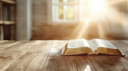 A beautifully opened Bible rests on a rustic wooden table illuminated by soft, golden sunlight coming through a window, creating a serene and contemplative atmosphere.