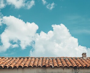 Photo of a red tile roof with a blue sky and white clouds in the background, providing ample copy space. Stock photo with a 2/3 layout for text placement.
