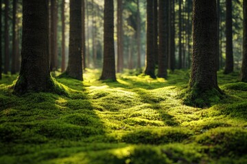A stream flows through a lush forest of trees and mossy rocks