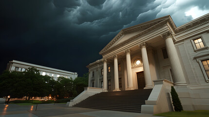 Obraz premium Dramatic courthouse exterior featuring towering stone columns and grand architecture, symbolizing justice, authority, and the importance of legal proceedings in society.