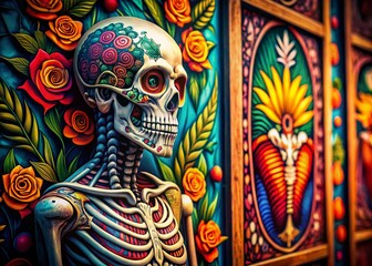 American Traditional Tattoo Style Skeleton - Left Composition with Copy Space