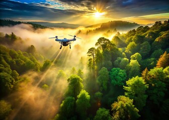Fototapeta premium Misty Forest Drone Flight: Aerial Tilt-Shift Photography