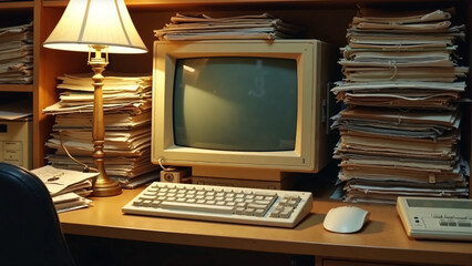 An old retro computer sits on a cluttered desk with assorted papers, stationery, and a lamp giving a nostalgic feel