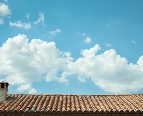 Naklejka premium Photo of a red tile roof with a blue sky and white clouds in the background, providing ample copy space. Stock photo with a 2/3 layout for text placement.