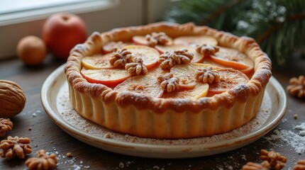 Warm apple cinnamon pie with walnuts for a cozy winter dessert