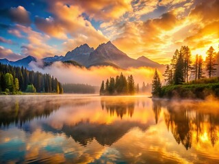 Fototapeta premium Misty Mountain Lake Sunrise: Serene Candid Photo of Dawn