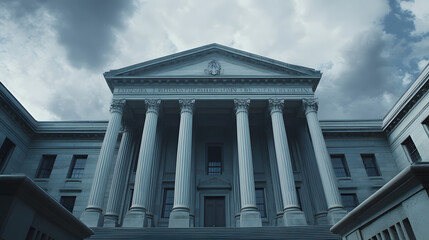 Obraz premium Dramatic courthouse exterior featuring towering stone columns and grand architecture, symbolizing justice, authority, and the importance of legal proceedings in society.
