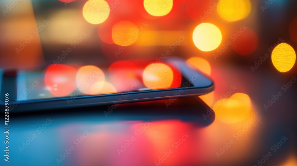 Poster close-up of a smartphone resting on a reflective surface with vibrant bokeh lights in the background