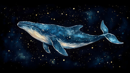 hand-drawn illustration of an isolated blue whale floating in space against a black background
