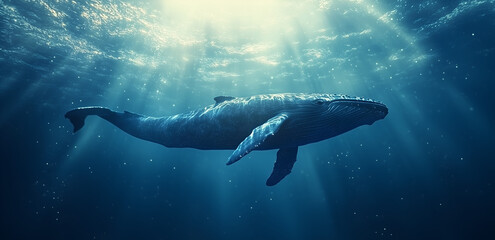 Fototapeta premium blue whale gracefully gliding through the deep ocean, its huge body and long flippers creating ripples in the water's surface.