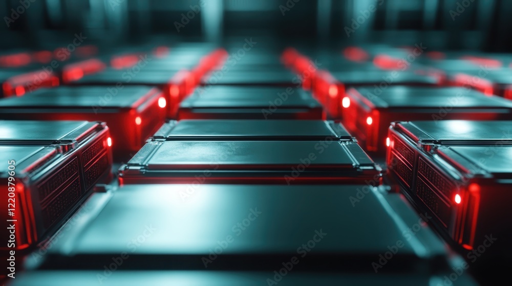 Poster an abstract view of server racks filled with high-tech data storage units, illuminated by vibrant re