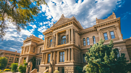 Fototapeta premium Dramatic courthouse exterior featuring towering stone columns and grand architecture, symbolizing justice, authority, and the importance of legal proceedings in society.