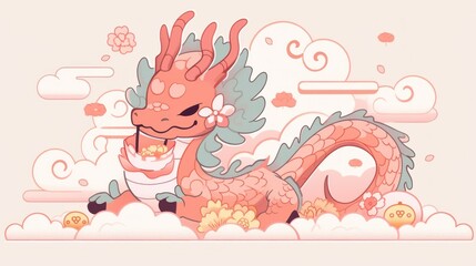 Stylized coral dragon with flower and clouds elements a whimsical art piece