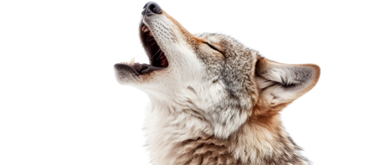A wolf howling with its head tilted upward, showcasing its natural fur texture. Isolated on White Background, clipping path  - 